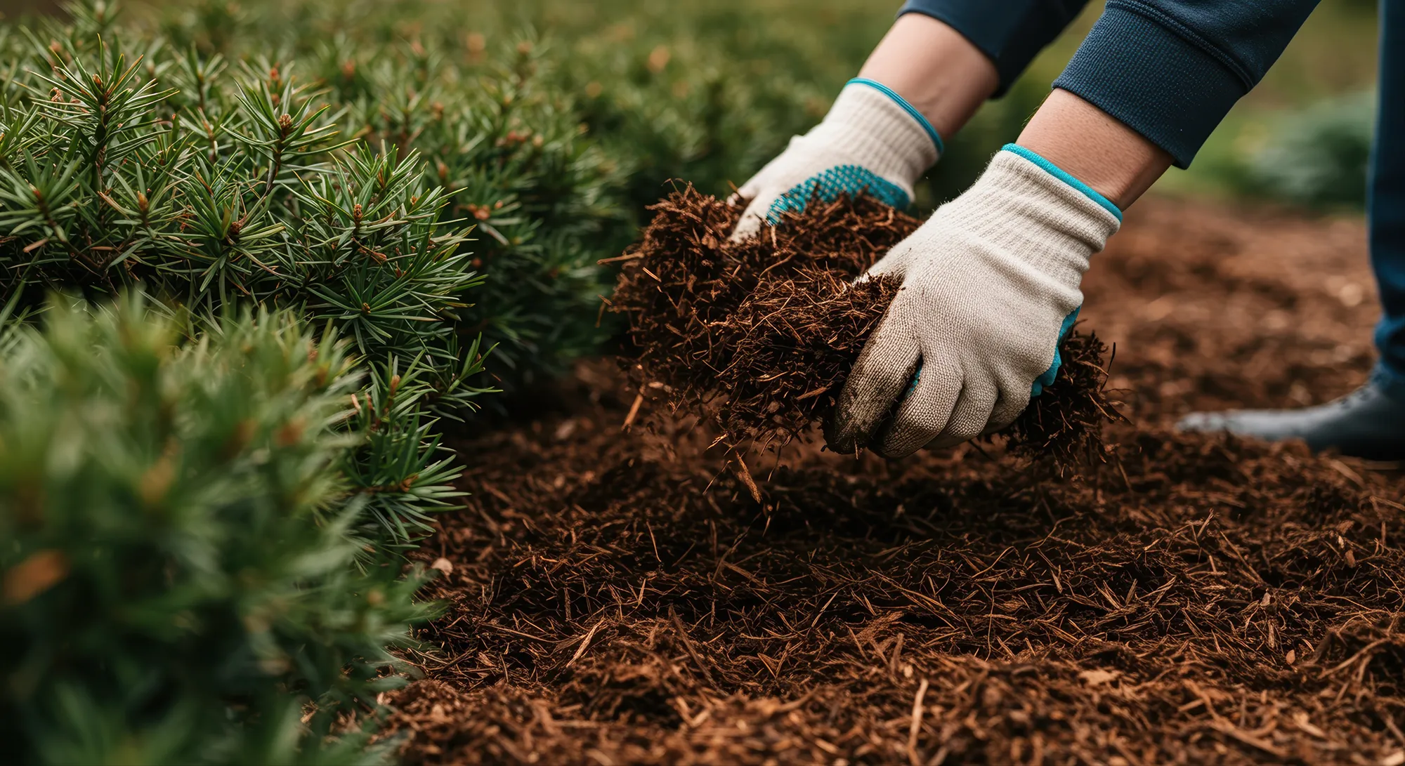 Fresh mulch being spread by hand around landscape shrubs